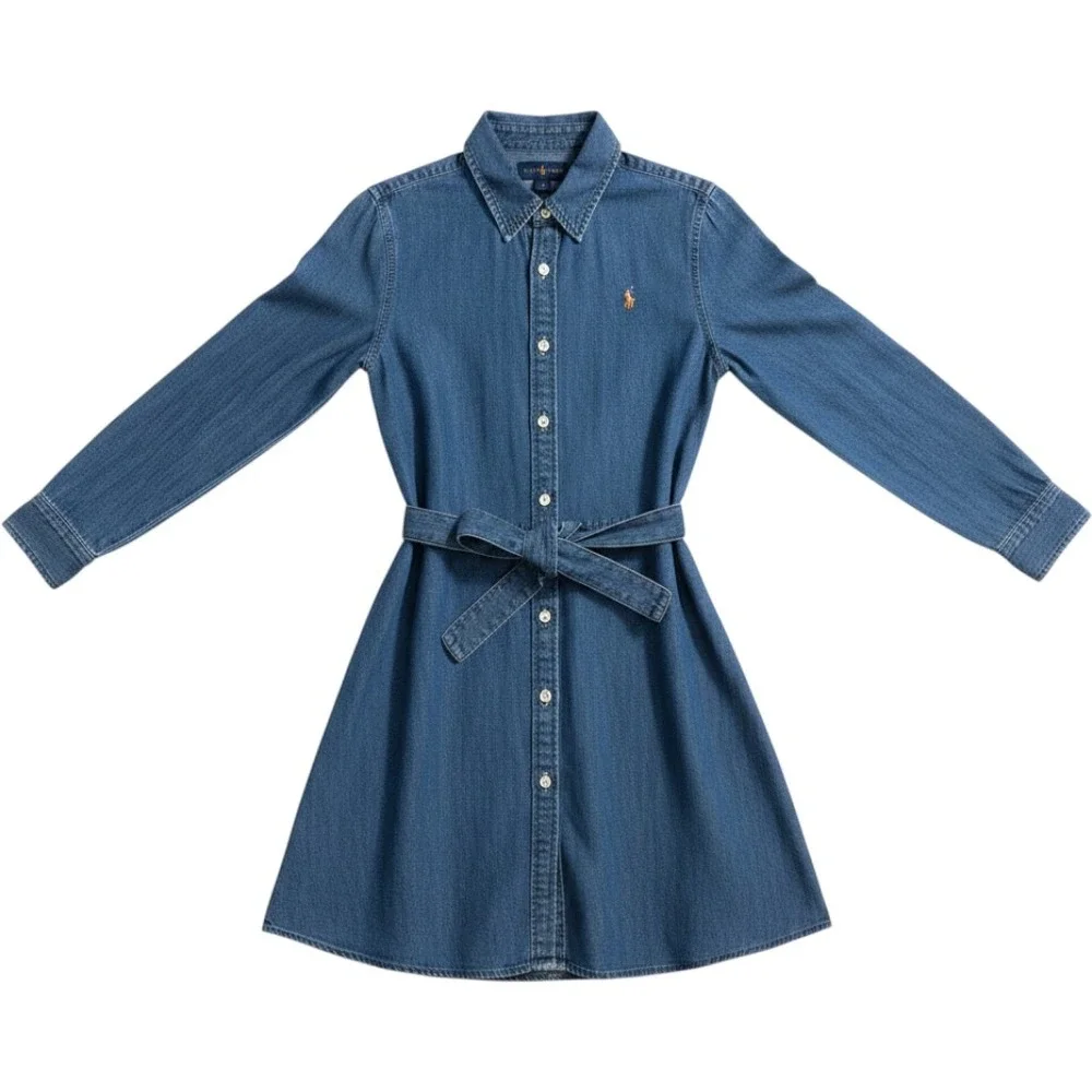 Ralph Lauren Denim Shirt Dress Kids 12 Blue Excellent Belted Long Sleeve Pony